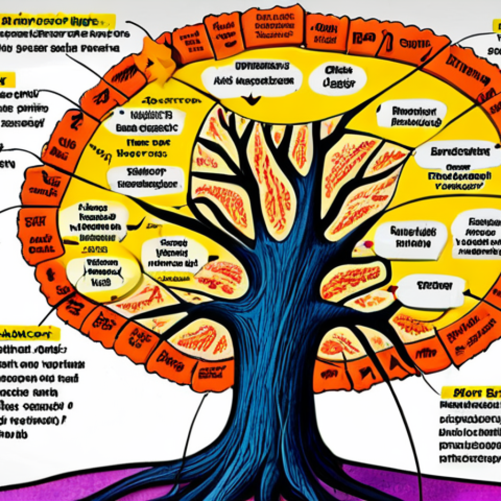 **Prompt:** A vibrant mind map illustrating project planning, branching from a central idea into subtopics, using diverse colors, symbols, and images. The style should be intuitive and visually engaging, reminiscent of an art history exam study aid.