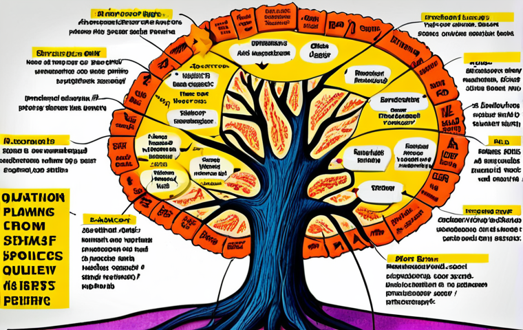 **Prompt:** A vibrant mind map illustrating project planning, branching from a central idea into subtopics, using diverse colors, symbols, and images. The style should be intuitive and visually engaging, reminiscent of an art history exam study aid.