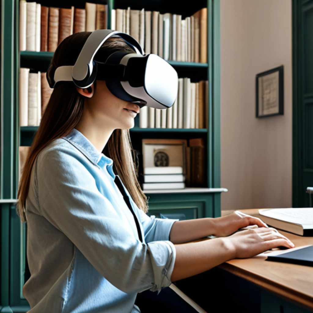 Virtual Reality Learning**

"A bright and modern Italian home office. A young woman, fully clothed in comfortable, stylish casual wear appropriate for studying, is wearing a VR headset and holding controllers. The scene should focus on the immersive experience of learning, perhaps showing a faint holographic image related to history or science emanating from the headset.  Safe for work, appropriate content, professional looking, perfect anatomy, natural proportions, well-formed hands. The background includes bookshelves with Italian literature and a stylish desk. Focus on conveying a sense of wonder and discovery."

**