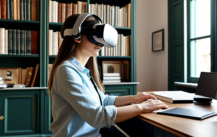 Virtual Reality Learning**
"A bright and modern Italian home office. A young woman, fully clothed in comfortable, stylish casual wear appropriate for studying, is wearing a VR headset and holding controllers. The scene should focus on the immersive experience of learning, perhaps showing a faint holographic image related to history or science emanating from the headset. Safe for work, appropriate content, professional looking, perfect anatomy, natural proportions, well-formed hands. The background includes bookshelves with Italian literature and a stylish desk. Focus on conveying a sense of wonder and discovery."
**