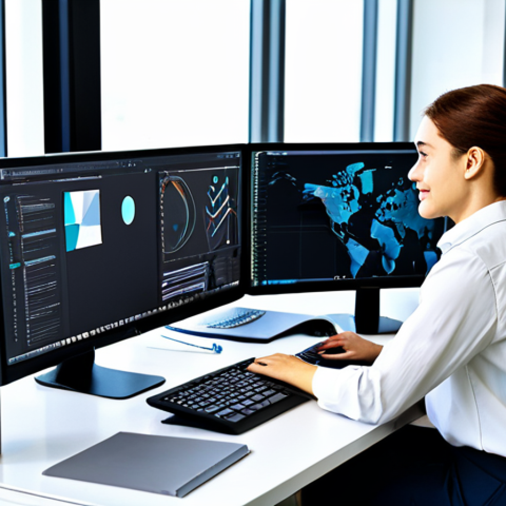 **
A professional graphic designer, fully clothed in stylish, modest attire (e.g., a blouse and slacks), working at a brightly lit desk with multiple monitors displaying infographics. The environment is a modern, collaborative workspace with colleagues in the background. Focus on the creative process with sketches and design tools visible. Safe for work, appropriate content, perfect anatomy, natural proportions, well-formed hands, proper finger count, professional, family-friendly.
**