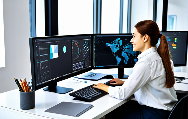 **
A professional graphic designer, fully clothed in stylish, modest attire (e.g., a blouse and slacks), working at a brightly lit desk with multiple monitors displaying infographics. The environment is a modern, collaborative workspace with colleagues in the background. Focus on the creative process with sketches and design tools visible. Safe for work, appropriate content, perfect anatomy, natural proportions, well-formed hands, proper finger count, professional, family-friendly.
**