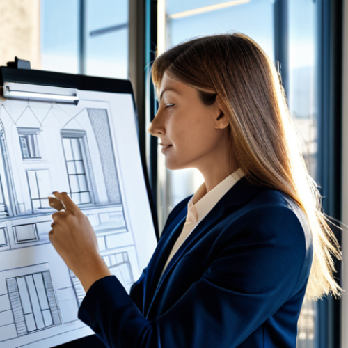 Home 19 시각적 자료의 효과적인 구성 원칙 - **A professional architect in a modern, sunlit office in Milan, Italy, reviewing blueprints. She is ...