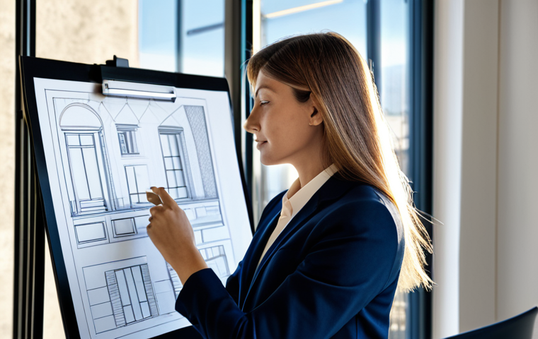 시각적 자료의 효과적인 구성 원칙 - **A professional architect in a modern, sunlit office in Milan, Italy, reviewing blueprints. She is ...